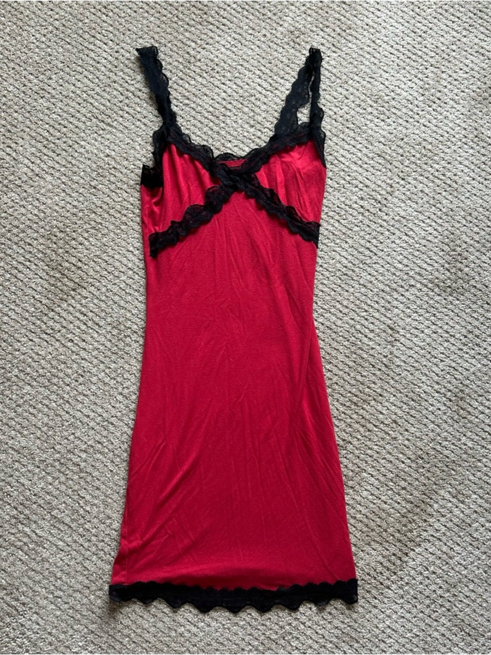 Red Dress with Black Lace Trim Size: Small